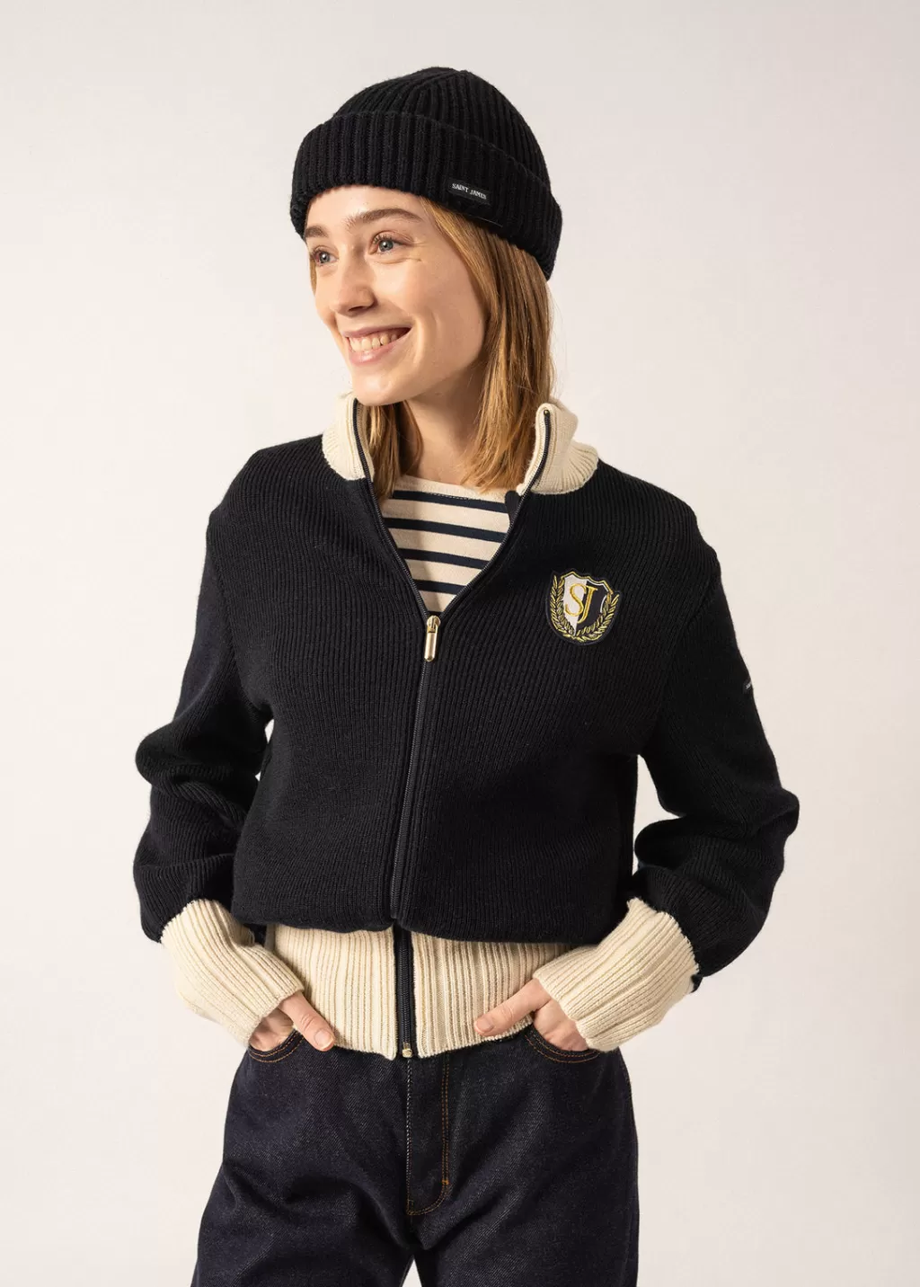 Hot Saint James Campus Sports-inspired Cardigan Navy/ecru