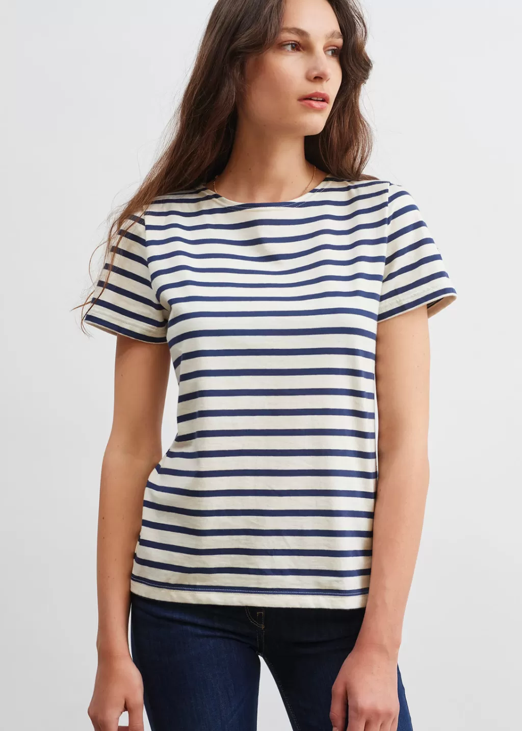 Shop Saint James Etrille short sleeve striped sailor shirt Ecru/marine