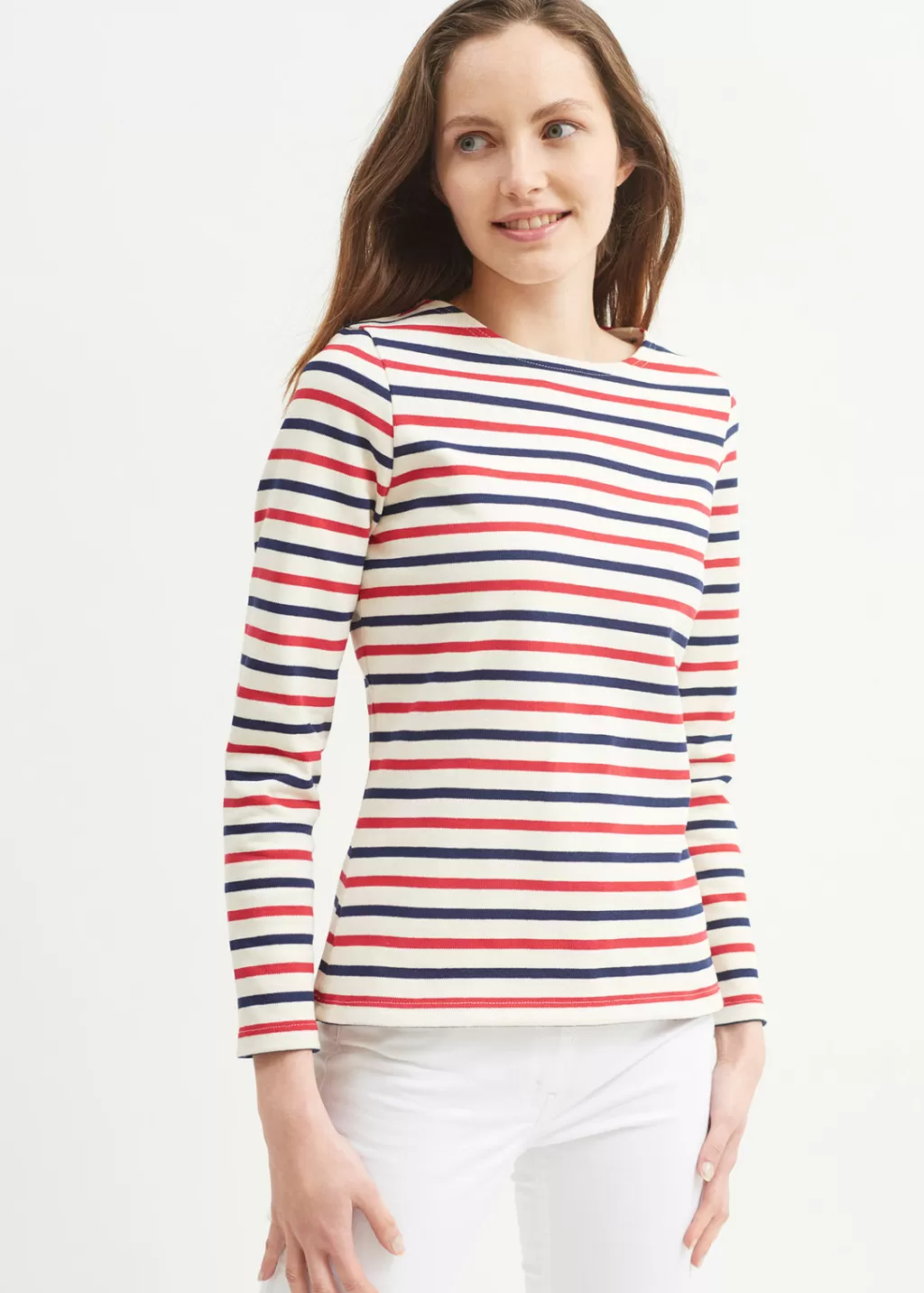 Discount Saint James Meridame tricolour striped sailot shirt Ecru/marine/tulipe