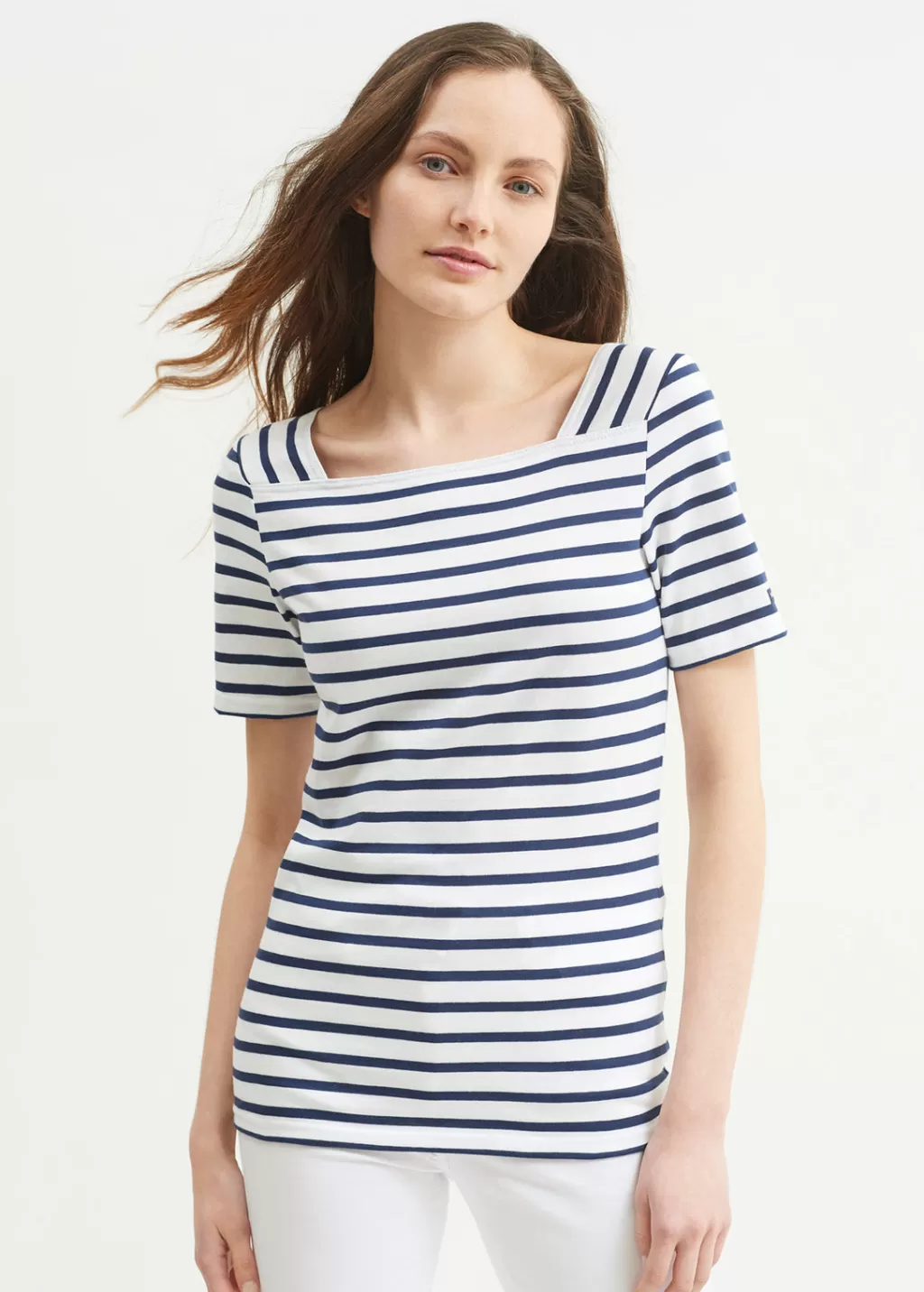 Cheap Saint James Pléneuf square neck striped sailor shirt Neige/marine