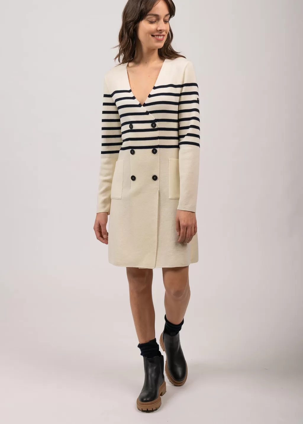 Online Saint James Royale striped dress in wool Ecume/navy