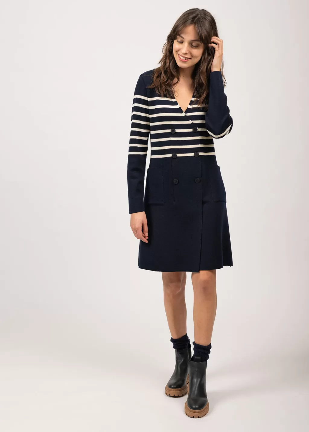 Hot Saint James Royale striped dress in wool Navy/ecume