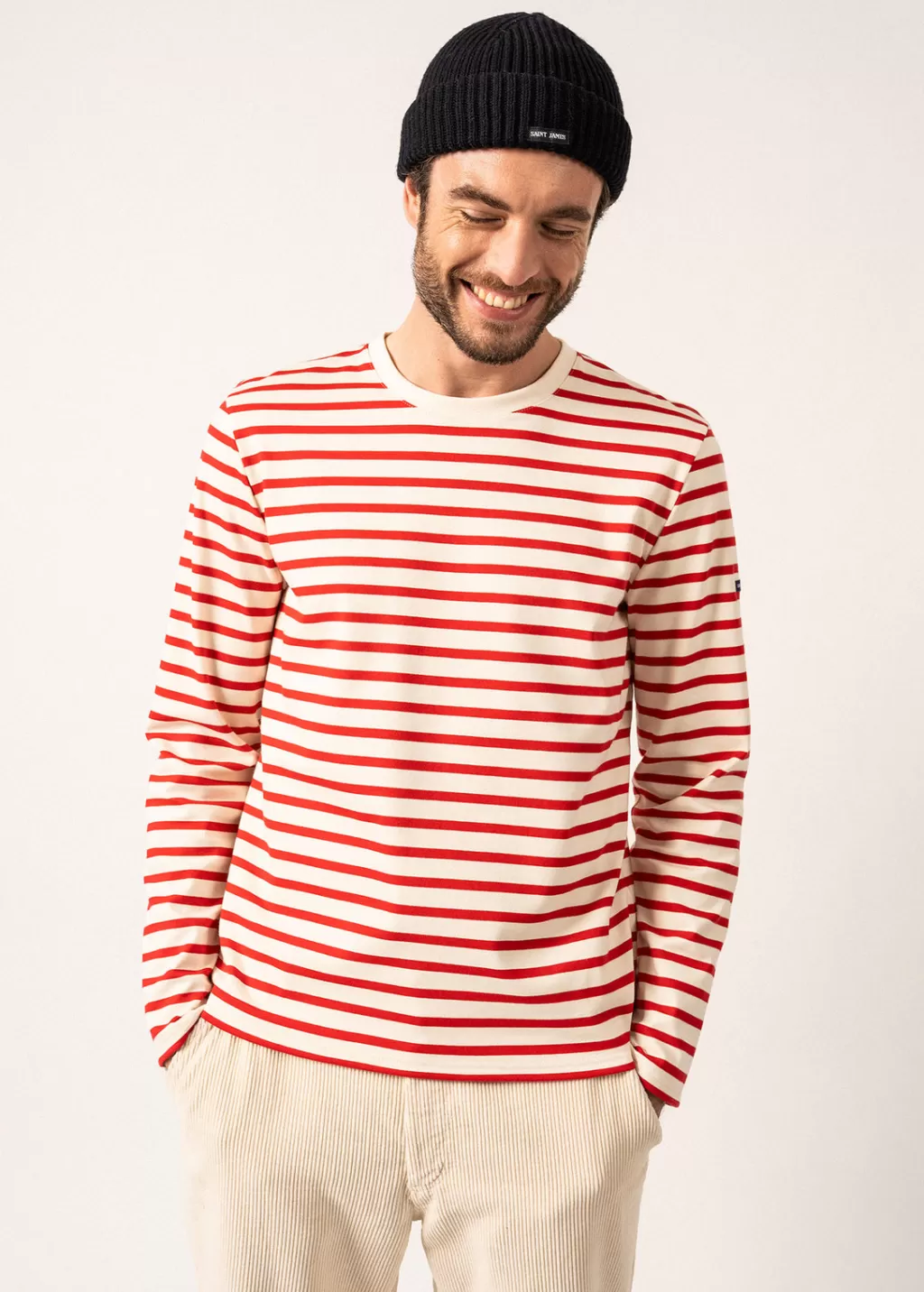 Shop Saint James Valognes Round Neck Breton Shirt Ecru/tulipe