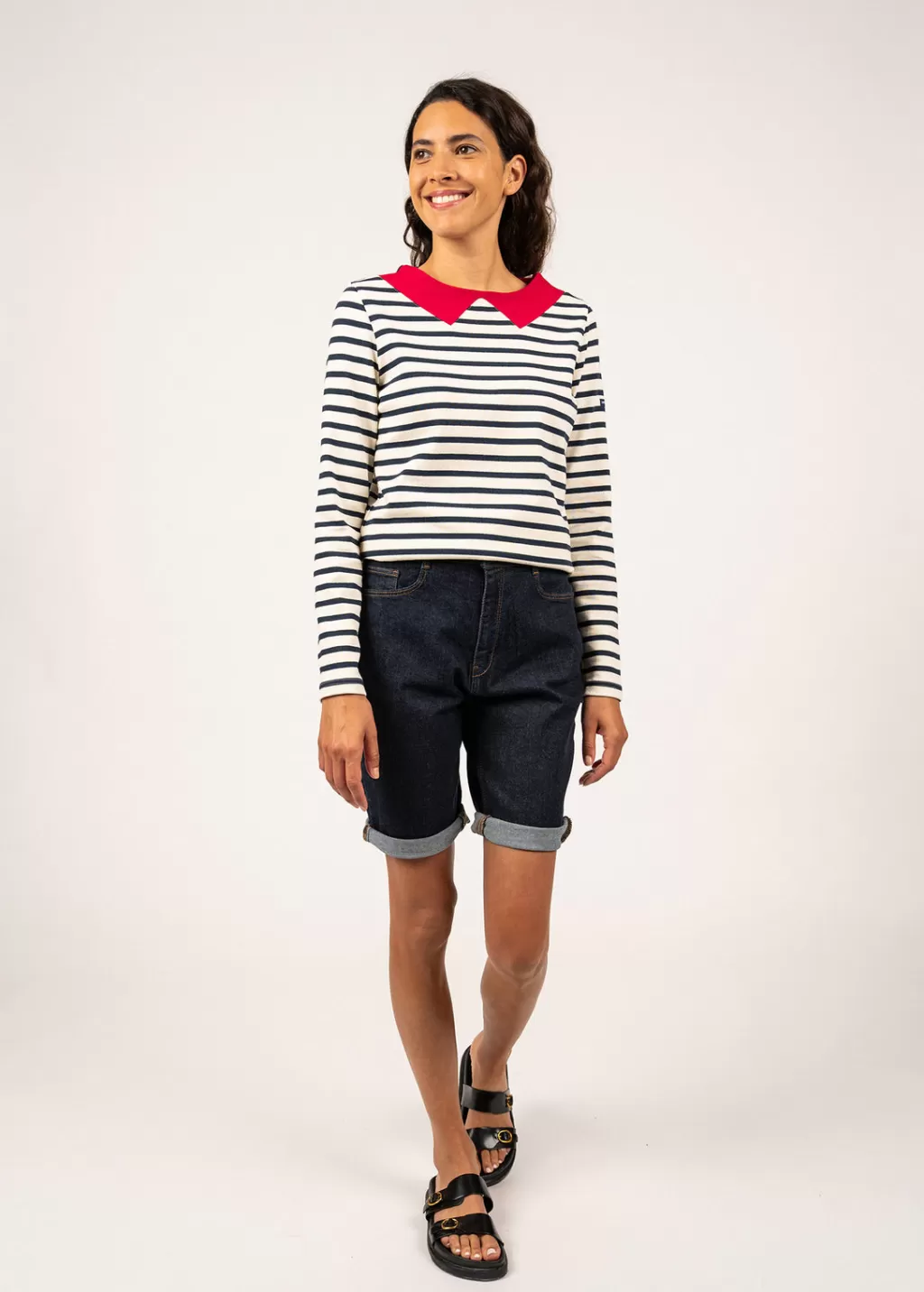 Outlet Saint James Vire sailor striped shirt with a contrasting collar Ecru/marine/tulipe