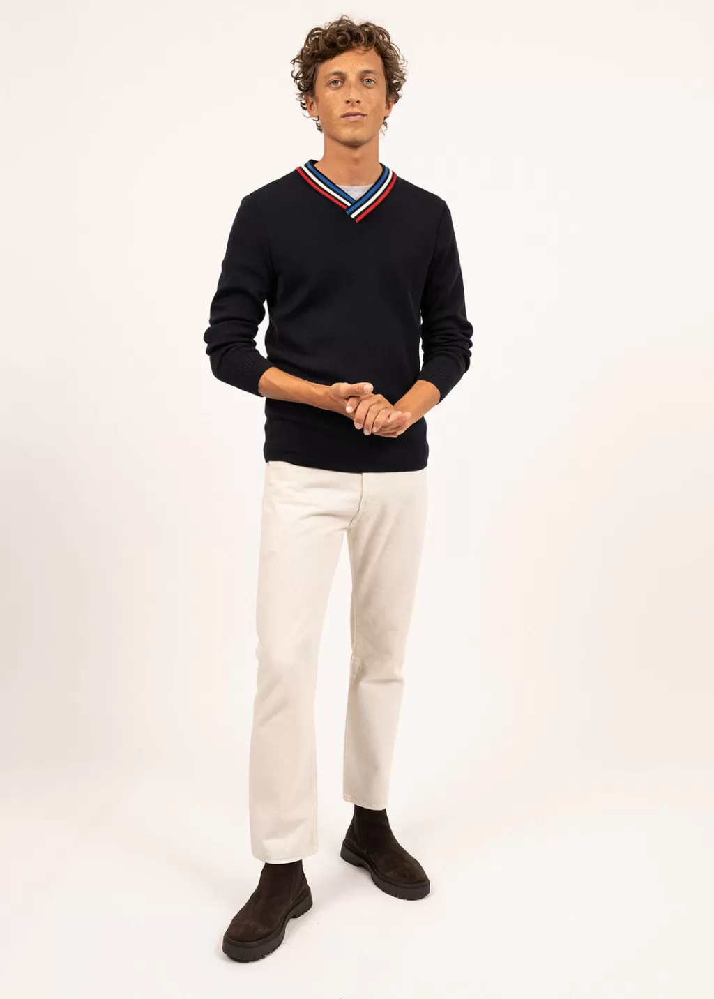 Clearance Saint James Wool jumper with contrasting V neck Navy