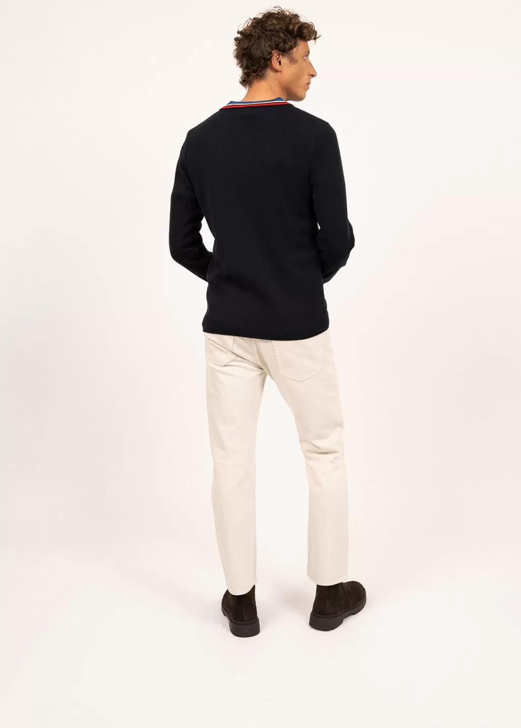 Clearance Saint James Wool jumper with contrasting V neck Navy